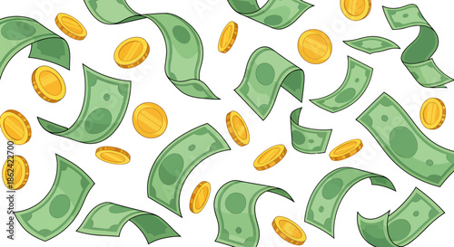 Cartoon illustration of flying dollar bills and gold coins on a white background.