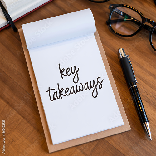 Handwritten Key Takeaways Title on a Small White Notepad on a Wooden Desk with Pen and Glasses, Education and Business Meeting Concept