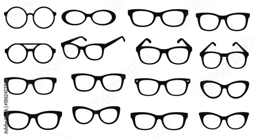 Set of various black eyeglasses silhouettes in different shapes and styles on white background.