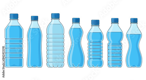 Collection of various plastic water bottles with blue caps in different shapes and sizes.