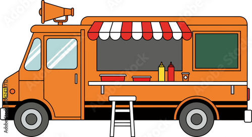 Illustration of an orange food truck with striped awning and condiments displayed outside.