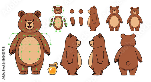 Cartoon bear character design with multiple poses and honey jar illustration.