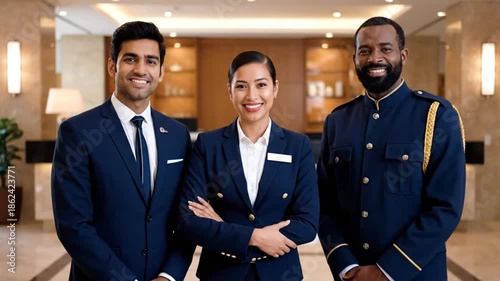 Professional hotel staff smiling in a luxurious lobby welcoming guests