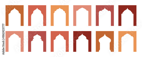 Ramadan themed Islamic arches, windows and doors collection. Elegant oriental frames with arabic geometry and spiritual atmosphere. Vector illustration.