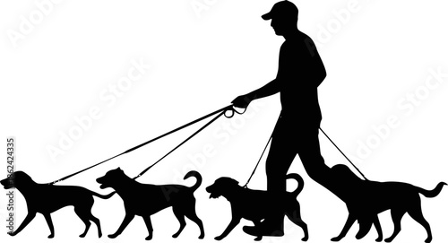 Male dog walker walking with group of pets silhouette vector graphic. Transparent background EPS version.