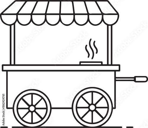 A minimalist black outline vector of a traditional food cart with a striped awning and two large wheels. Wisps of steam rise from the counter, symbolizing fresh street food and mobile vending.