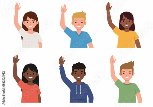 Diverse group of smiling young people raising hands, waving, or volunteering. Happy multiracial cartoon characters expressing participation and greeting in a flat vector style.