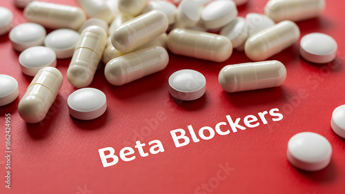 Beta Blockers Text on Red Background Surrounded by White Pills and Capsules, Pharmaceutical Medication and Healthcare Concept