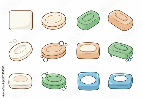 Assorted cartoon soap bars with bubbles in various shapes and colors, representing hygiene, washing, and personal care concepts on a white background.