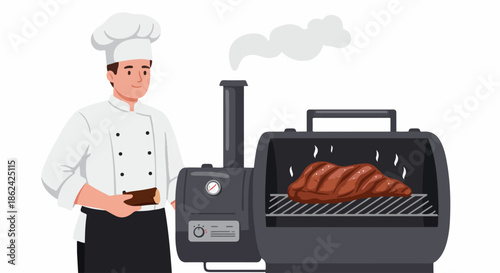 A happy chef is smoking a delicious piece of meat on a pellet grill or smoker, preparing for a gourmet meal or barbecue event.