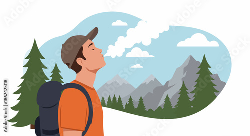 Young hiker with backpack takes a refreshing deep breath of crisp mountain air amidst a serene natural landscape with pine trees and majestic peaks.