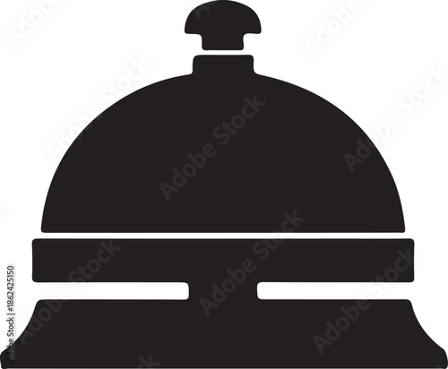 A solid black silhouette of a classic hotel service bell. This minimalist vector icon features a rounded dome and a top ringer, representing hospitality, reception, and customer assistance.