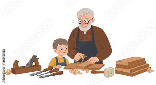 Grandfather and grandson bond over woodworking, as the skilled craftsman teaches the eager boy traditional carpentry with hand tools and wood.
