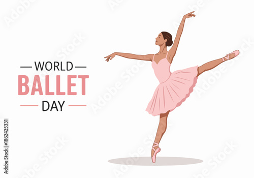 Elegant ballerina in pink tutu striking a graceful pose to celebrate World Ballet Day, isolated on a clean white background, showcasing artistic movement.