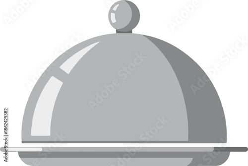 A polished silver food cloche or platter cover in a flat vector style, featuring highlights and shadows to represent fine dining, catering, restaurant service, and gourmet meals.