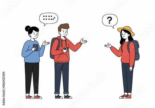 Young travelers face communication challenges, using technology and gestures to navigate misunderstandings and seek help during their journey and exploration.