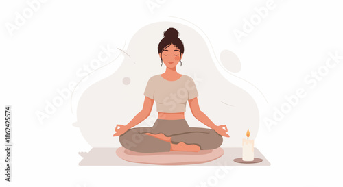 Peaceful young woman meditating in lotus position with a glowing candle, promoting mindfulness, relaxation, and spiritual well-being.