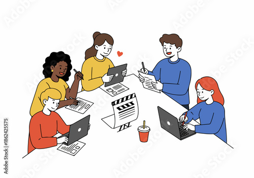 Diverse creative team collaborating on a media project with laptops, tablets, and a film slate, illustrating teamwork in content production and brainstorming sessions.