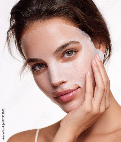 Woman with beauty sheet mask for facial skincare treatment