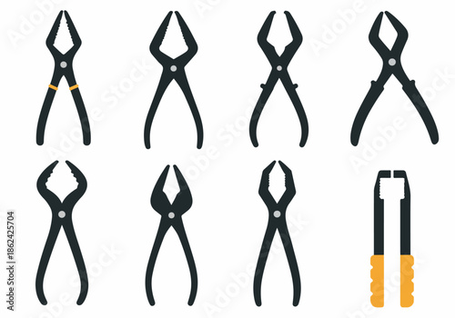 Flat vector illustration of assorted pliers: essential hand tools for plumbing, electrical, mechanical, and general repair work.