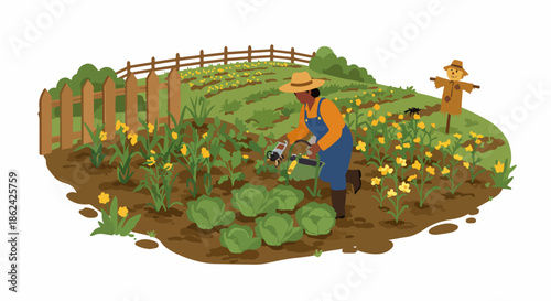Woman gardening, watering fresh cabbage and blooming flowers in a vibrant home vegetable patch with a rustic fence and a friendly scarecrow.