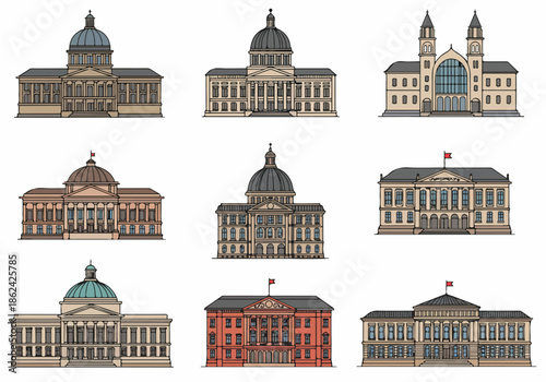 Collection of European and American government, university, and historical building illustrations, featuring classical architecture, domes, and ornate facades on a white background.