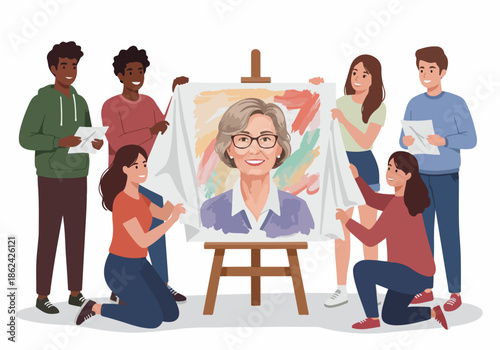 Diverse young professionals proudly unveil a smiling portrait of an accomplished senior woman, celebrating her legacy and contribution with teamwork and dedication.