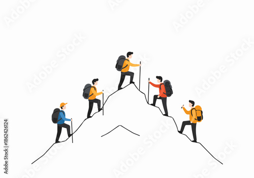 Five hikers with backpacks and trekking poles ascend a challenging mountain peak, symbolizing teamwork, ambition, and the journey of overcoming obstacles in a flat illustration style.
