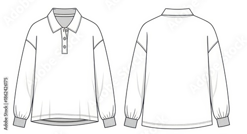 Technical illustration of a long-sleeved polo shirt with buttoned closure and relaxed fit