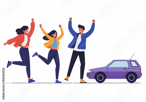 Joyful friends celebrate a new car purchase or successful journey, expressing excitement and happiness with raised arms beside their vehicle.
