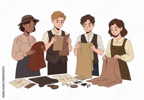 Vintage-clad team collaborating on textile design and garment creation in a retro workshop setting.