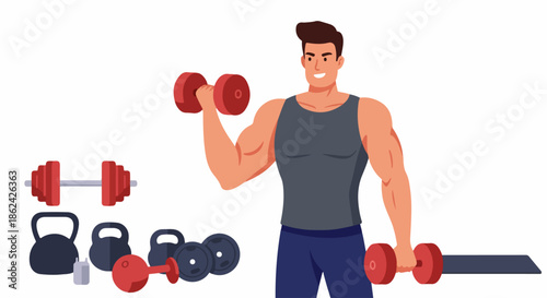 Smiling muscular man exercising with dumbbells, surrounded by various gym equipment, showcasing fitness and strength training.