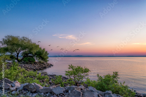Bilde på lerret Panoramic Coastal Sunset with Birds Migrating Over a Peaceful Shoreline