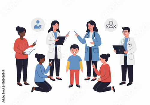 Diverse Healthcare Professionals Consulting and Caring for a Young Boy, Illustrating Pediatric Medical Teamwork and Child Health.