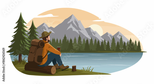 A lone hiker rests by a serene lake, enjoying the peaceful mountain and forest view at sunset, embodying outdoor adventure and tranquil solitude.