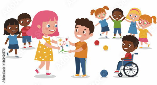 Diverse group of happy children sharing art and playing together, promoting inclusion and friendship in a joyful cartoon illustration.