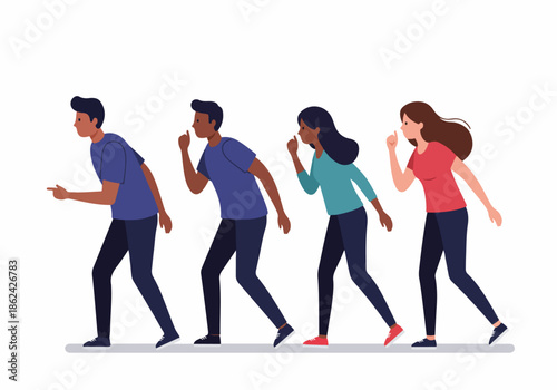 Diverse group walking stealthily, gesturing for silence while one leads the way, suggesting secrecy or a quiet operation.