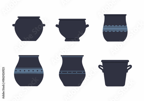 Collection of stylized dark blue pottery vessels and pots with decorative light blue patterns, showcasing traditional ceramic craftsmanship in a flat vector design on white.