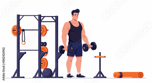 Muscular man exercising with dumbbells in a modern gym setting, surrounded by various fitness equipment. A vibrant flat illustration of strength training and a healthy lifestyle.