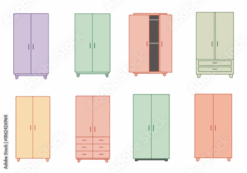 Colorful Set of Cartoon Wardrobes and Closets: Minimalist Home Furniture Icons with Drawers and Open Doors