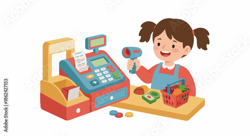 Happy little girl plays cashier with a toy cash register, scanner, and groceries, engaging in imaginative role-play and learning about shopping.