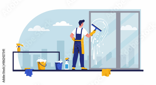 Professional window cleaner diligently washes a large glass window with a squeegee, surrounded by cleaning supplies, set against an urban city backdrop.