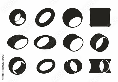 Dynamic black and white abstract shapes exploring negative space, optical illusions, and modern geometric forms for creative graphic design.