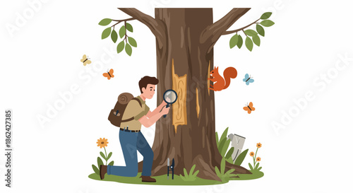Young Man Examining Tree Bark with Magnifying Glass, Exploring Nature and Wildlife in a Forest Environment with Squirrels and Butterflies