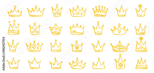 Hand drawn marker crown set in golden yellow color. Childlike doodle crowns with marker texture and expressive strokes. Royal crown icons drawn in marker sketch style. Vector illustration isolated.