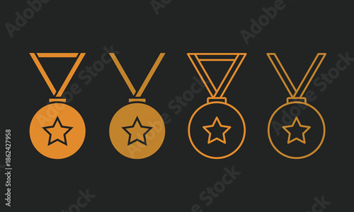 Star Medal Outline Icons — Flat Award Badges in Gold Line Style
