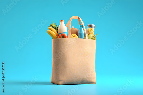 Grocery bag filled with fresh produce and drinks against a bright blue background