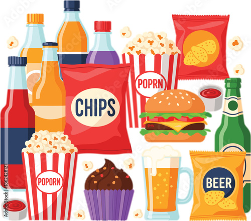 Fast food and snacks illustration set with burgers, chips, popcorn, beer, soda, and sweets, junk food collection for party, cinema, and casual dining concepts