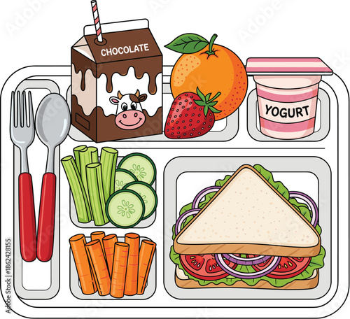 Kids lunch tray illustration with sandwich, milk, yogurt, fruits, and vegetables, balanced school meal concept for nutrition education, healthy eating, and cafeteria food design