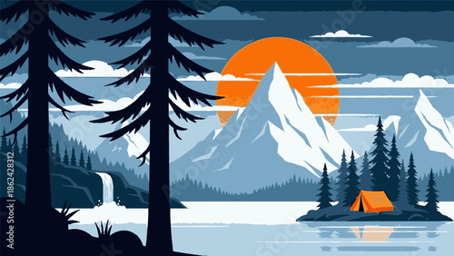 Scenic Pixel Art of Camping by a Lake with Mountains and Waterfall at Sunset